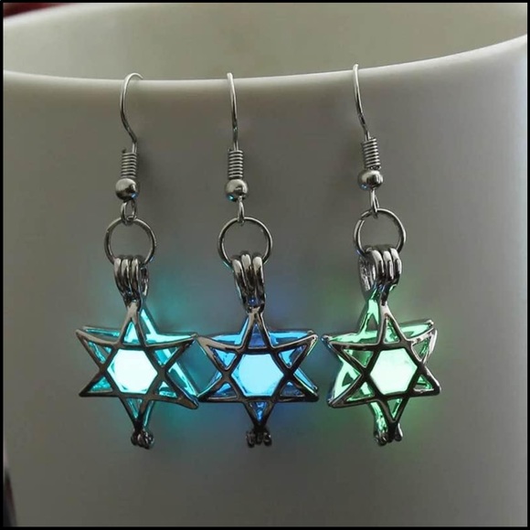 Hanukkah Luminous BLUE Star Of David Earrings - Picture 4 of 5